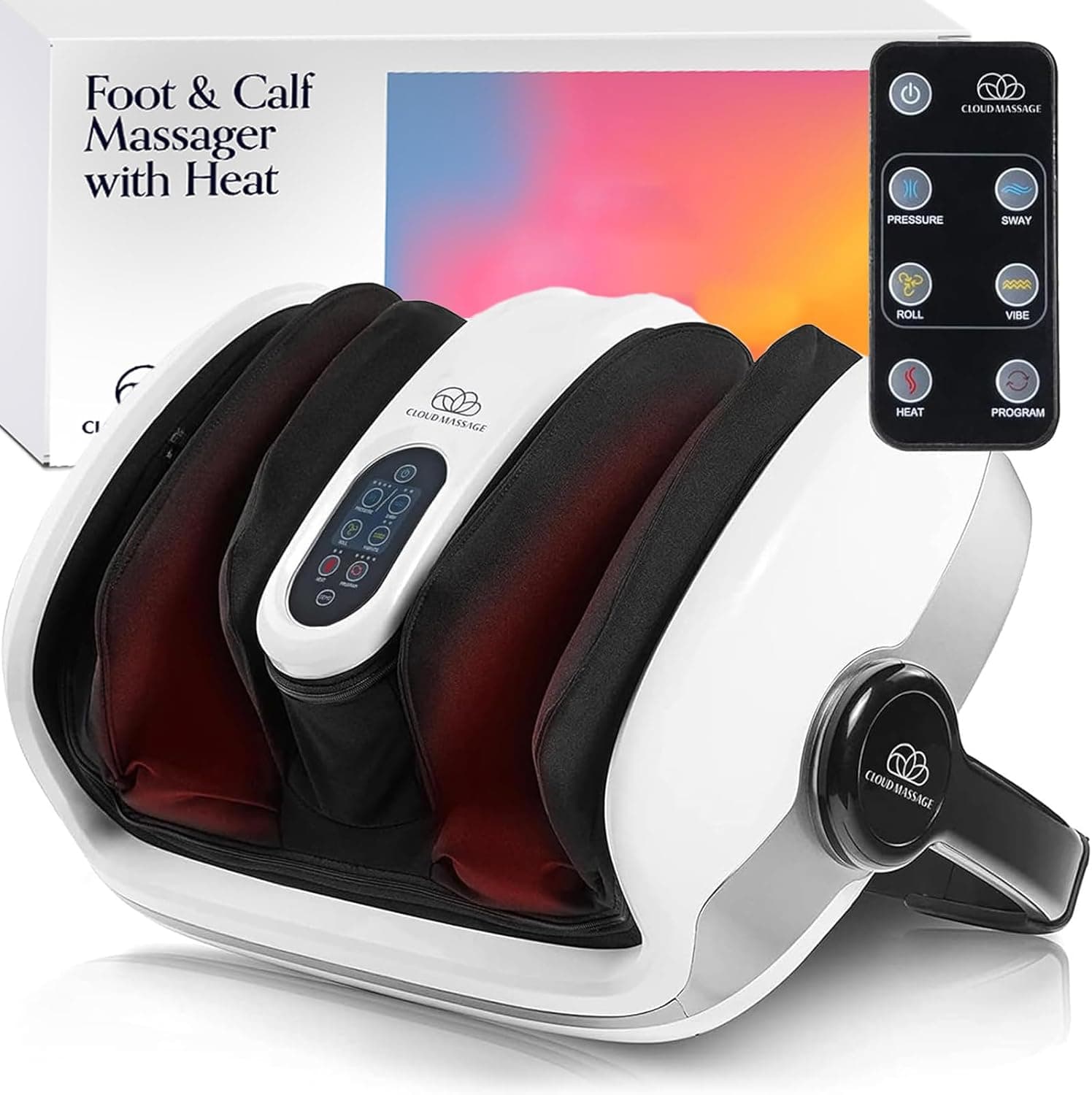 Cloud Massage Shiatsu Foot Massager with Heat, Standard Size, White, Deep Kneading & Compression, Multi-Mode Leg and Foot Massager with Remote